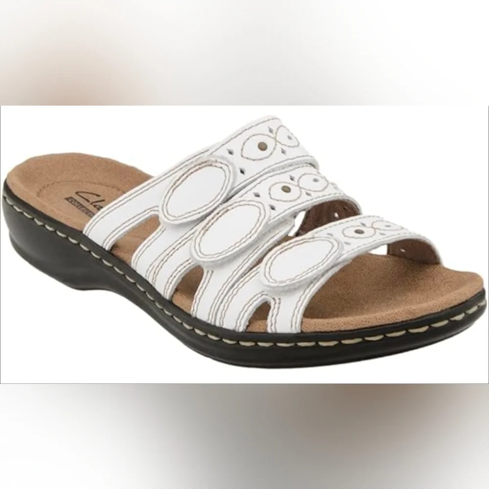 Clarks Women's Leisa Cacti Slide Sandal‎ White Leather Cutout Women's Size 8 - Picture 2 of 10